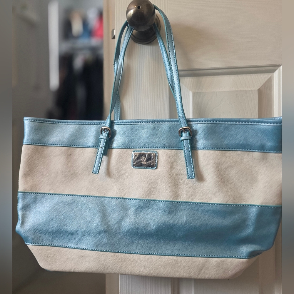 New York & Company Shimmer Blue and Cream Striped Tote Bag - Women